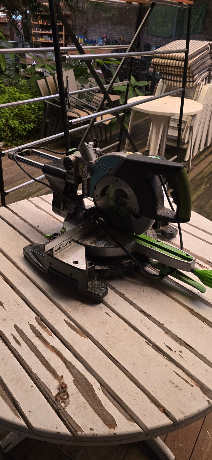 zaagmachine afkortzaag ,Evolution fury 3 XL, Doe-het-zelf en Bouw, Ophalen, Gebruikt, Evolutio, 600 tot 1200 watt