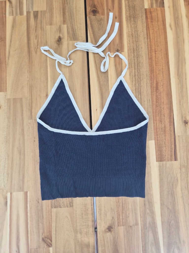 Gebreide haltertop / Knit halter top / Top dos nu en maille, Kleding | Dames, Maat 38/40 (M), Blauw, Zo goed als nieuw, Zonder mouw