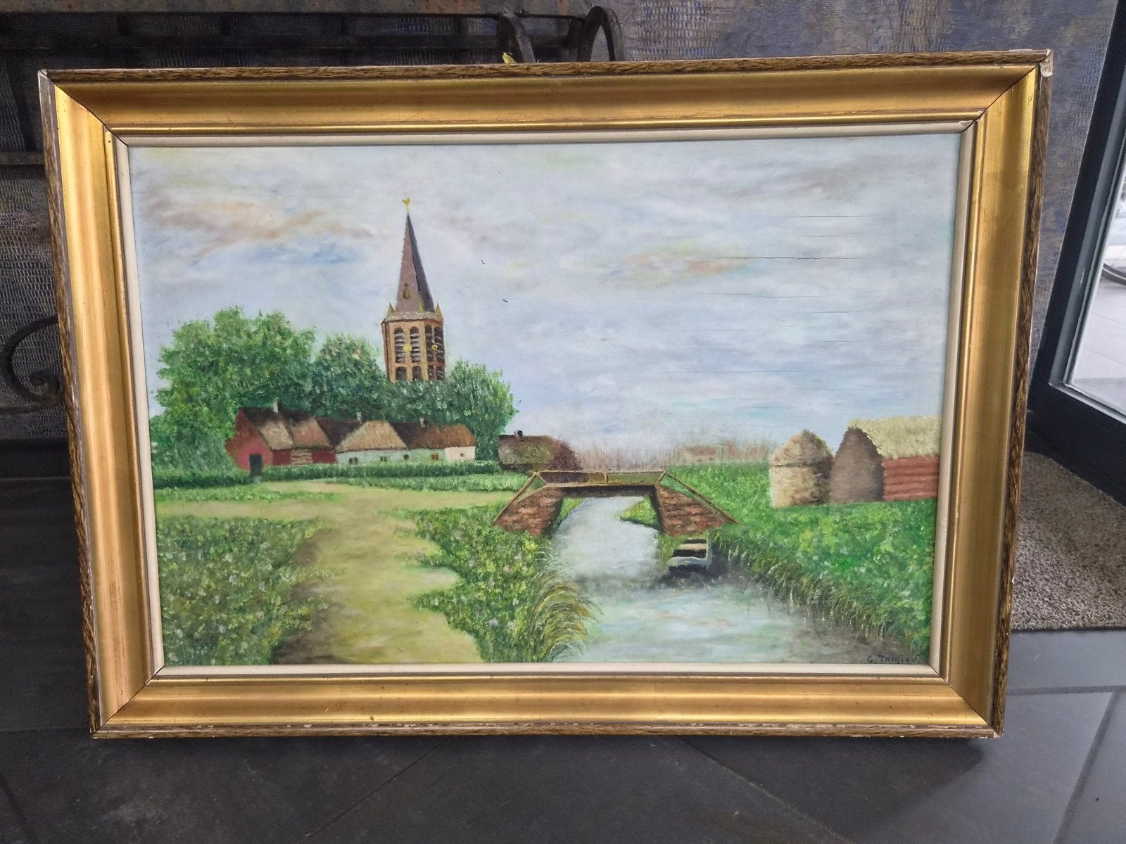 olieverfschilderij toont een typisch idyllisch Hollands dorp, Ophalen, Gesigneerd, Landschap, Paneel