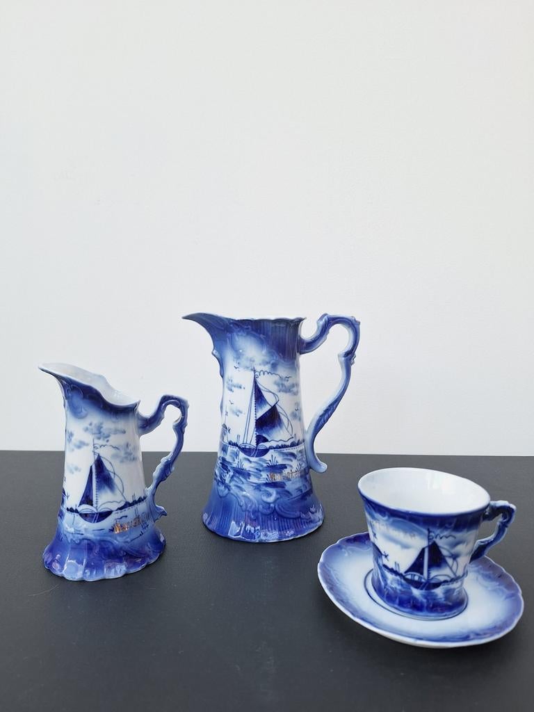 Antiek Delfts blauw serviessetje Mariakerke zeilboot, Ophalen of Verzenden