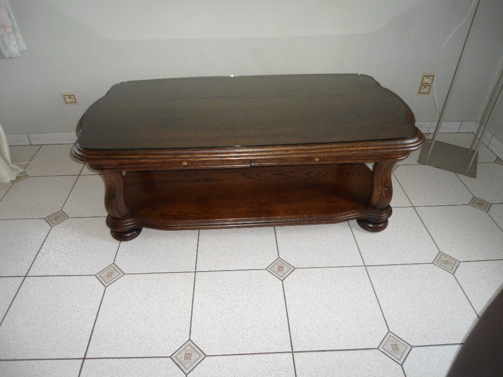 massief eiken (kopie antiek) salontafel met 2 laden en glas, Huis en Inrichting, Tafels | Salontafels, Ophalen, Eikenhout