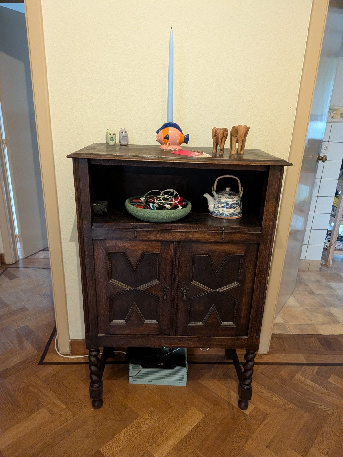 vintage donkerhouten halkastje, Antiek en Kunst, Ophalen