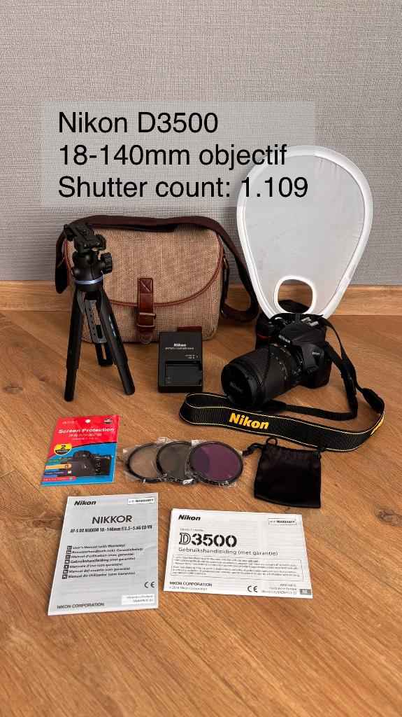 Nikon D3500 DSLR + 18-140mm lens + accessoires, Audio, Tv en Foto, Fotocamera's Digitaal, Ophalen, Zo goed als nieuw, Spiegelreflex