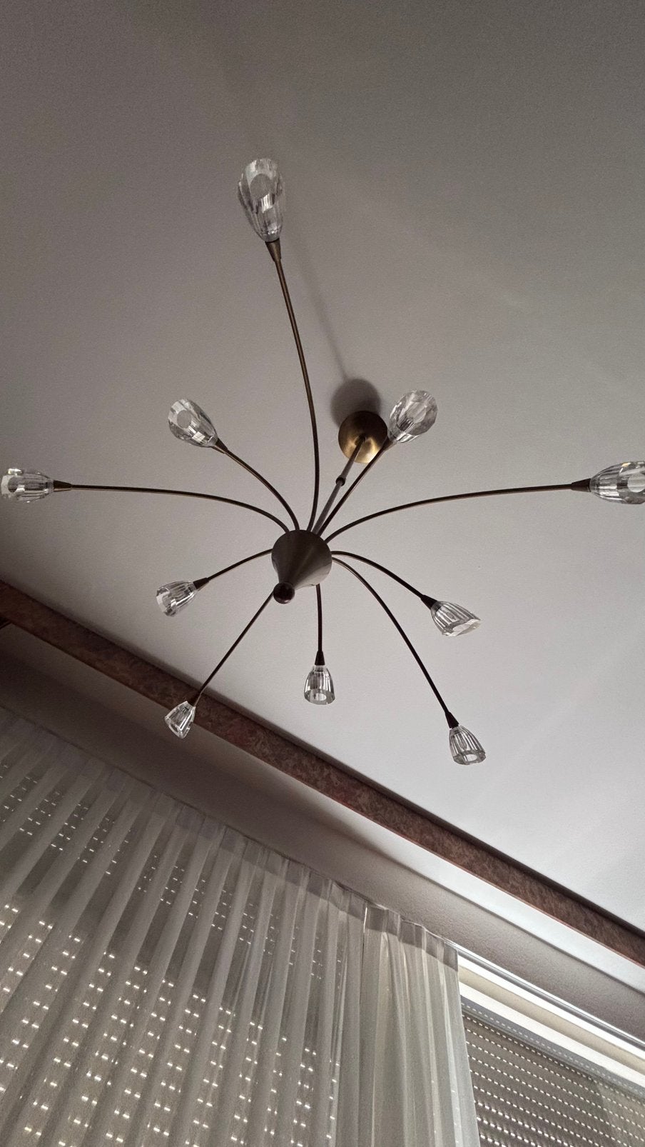 Spider kroonluchter  goud/messing met glas, Huis en Inrichting, Lampen | Kroonluchters, Ophalen, Zo goed als nieuw, Glas, G4