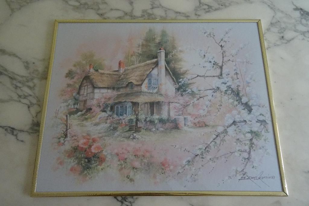 Huisje met rieten dak en kersenbloesems van Andres Orpinas, Antiek en Kunst, Kunst | Schilderijen | Klassiek, Ophalen of Verzenden