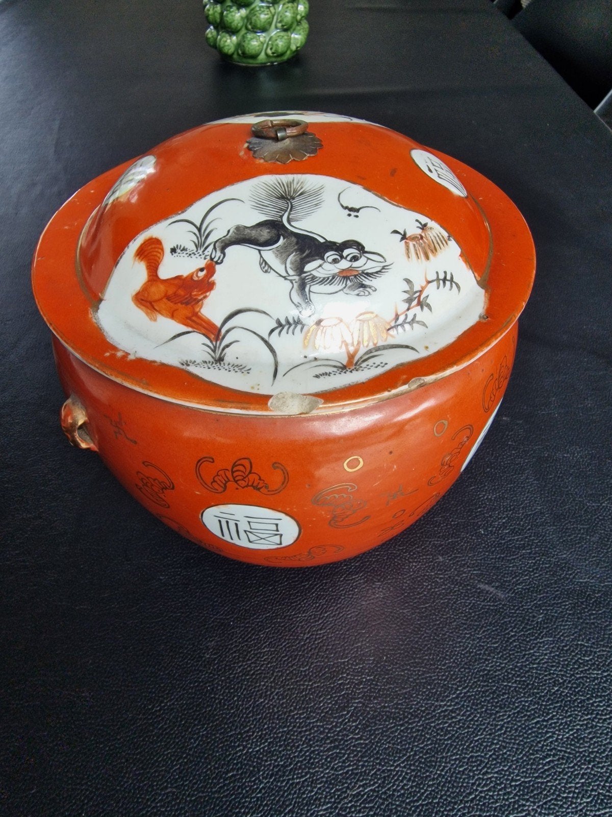 Antieke Japanse porseleinen kom met deksel - koraalrood, han, Antiek en Kunst, Ophalen