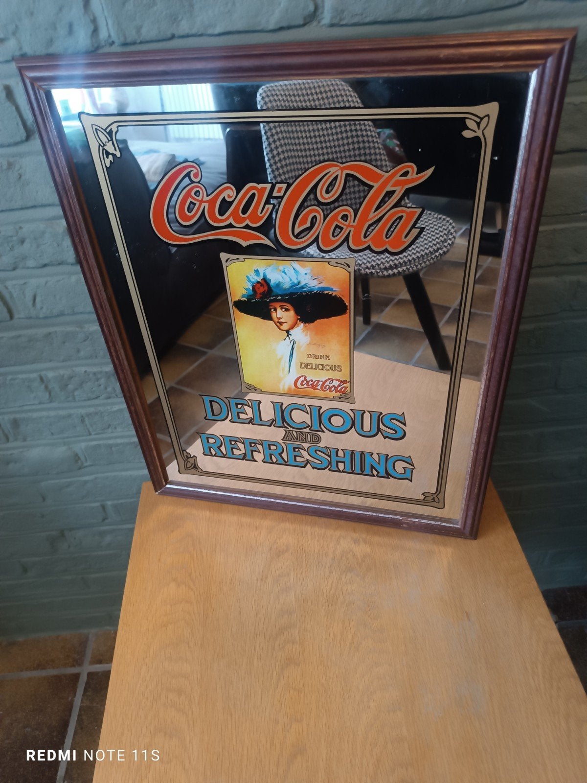 Miroir Vintage Coca-Cola (1993) - Cadre en Bois, Enlèvement, Rectangulaire, Moins de 50 cm, Moins de 100 cm