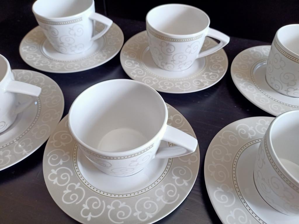 8 kopjes met schoteltjes Mepal Rosti Damast, Caravans en Kamperen, Kampeeraccessoires, Zo goed als nieuw, Ophalen of Verzenden