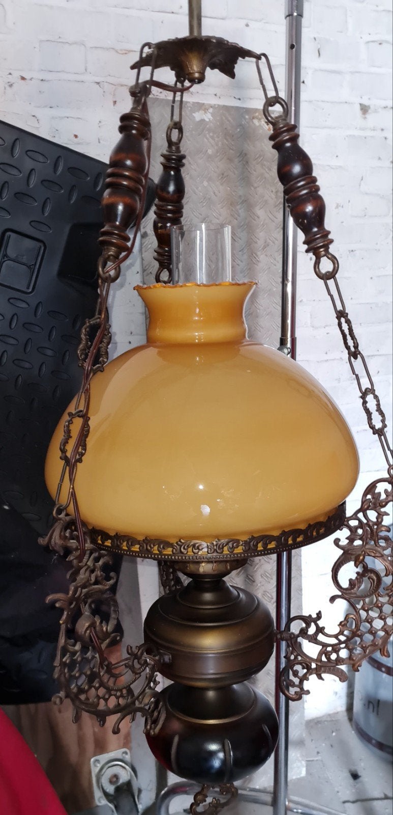 vintage hanglamp in petroleumlamp-stijl (majolica), Antiek en Kunst, Antiek | Verlichting, Ophalen