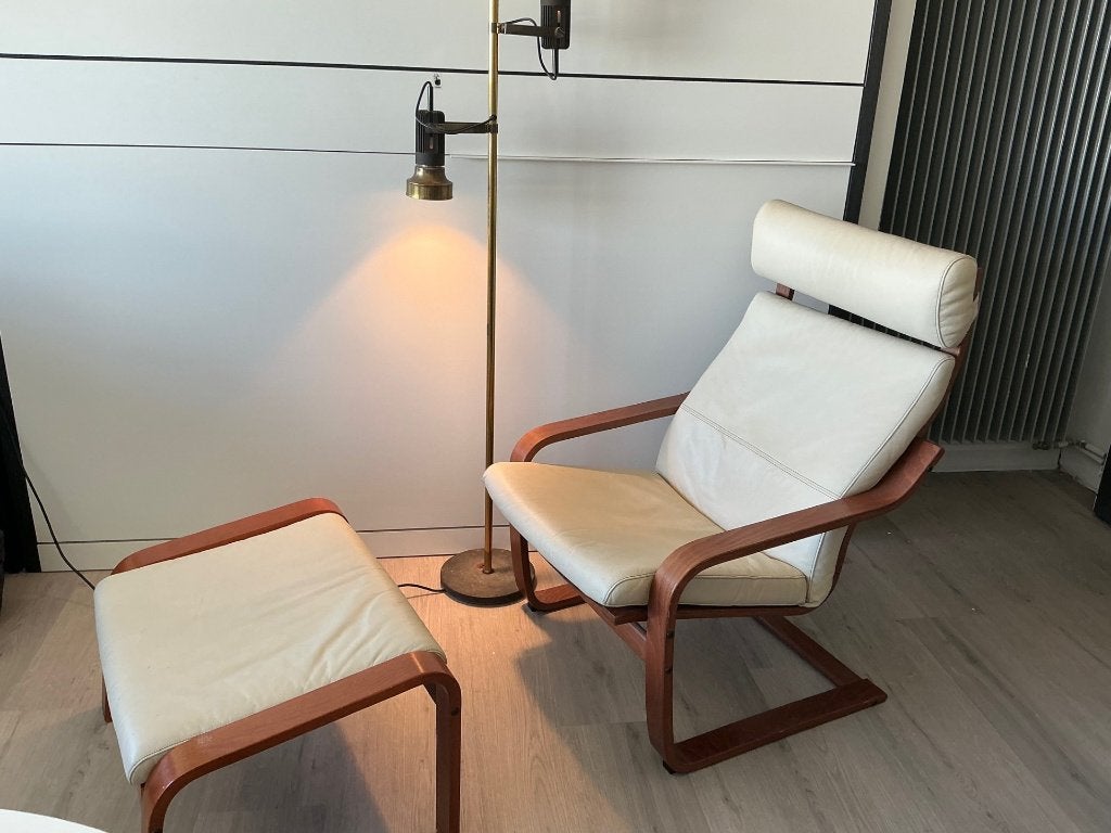 IKEA POÄNG Fauteuil met Lederen Bekleding & Voetenbank – Set, 125 à 150 cm, Enlèvement, Utilisé, 50 à 75 cm