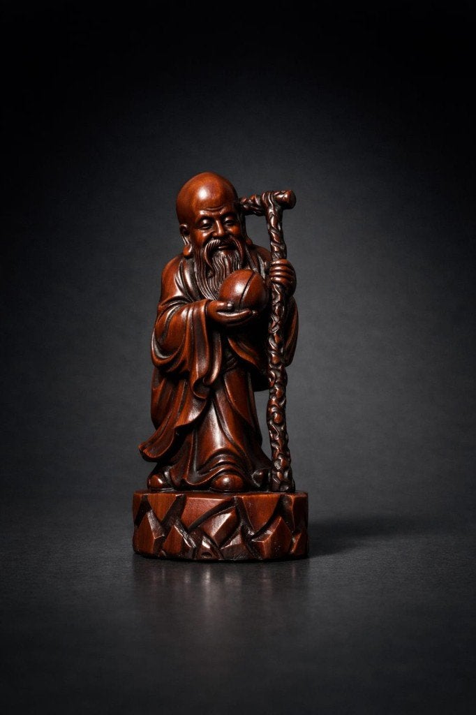 Statuette en bois sculpté représente Shou Lao., Autres styles, Bois, Brun, Asie