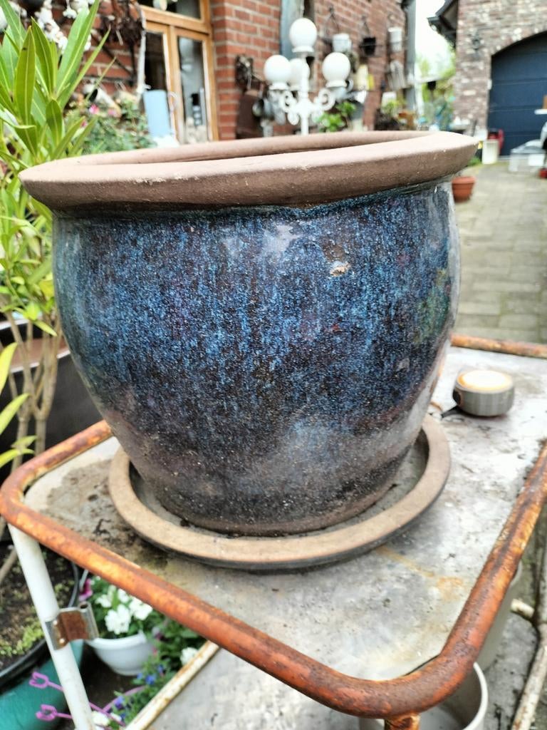 Grote blauwe geglazuurde bloempot plantenbak buitenpot, Ophalen