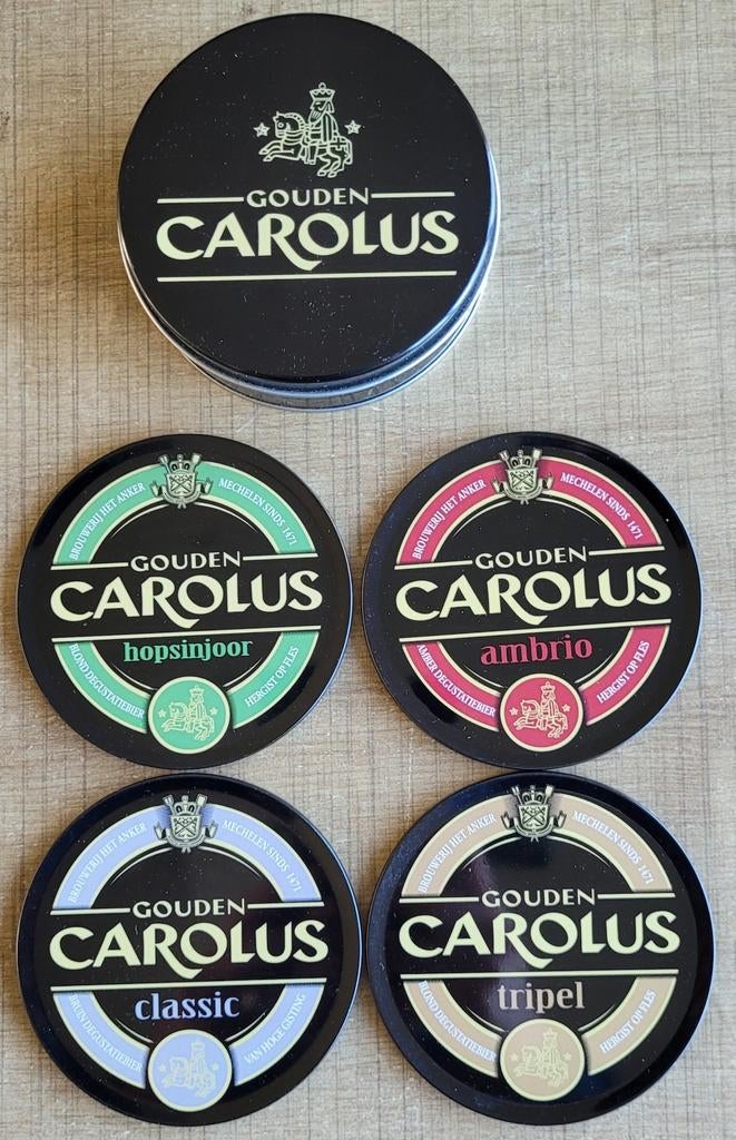 Gouden Carolus: blikken doosje + onderleggers, Ophalen of Verzenden, Zo goed als nieuw, Gebruiksvoorwerp