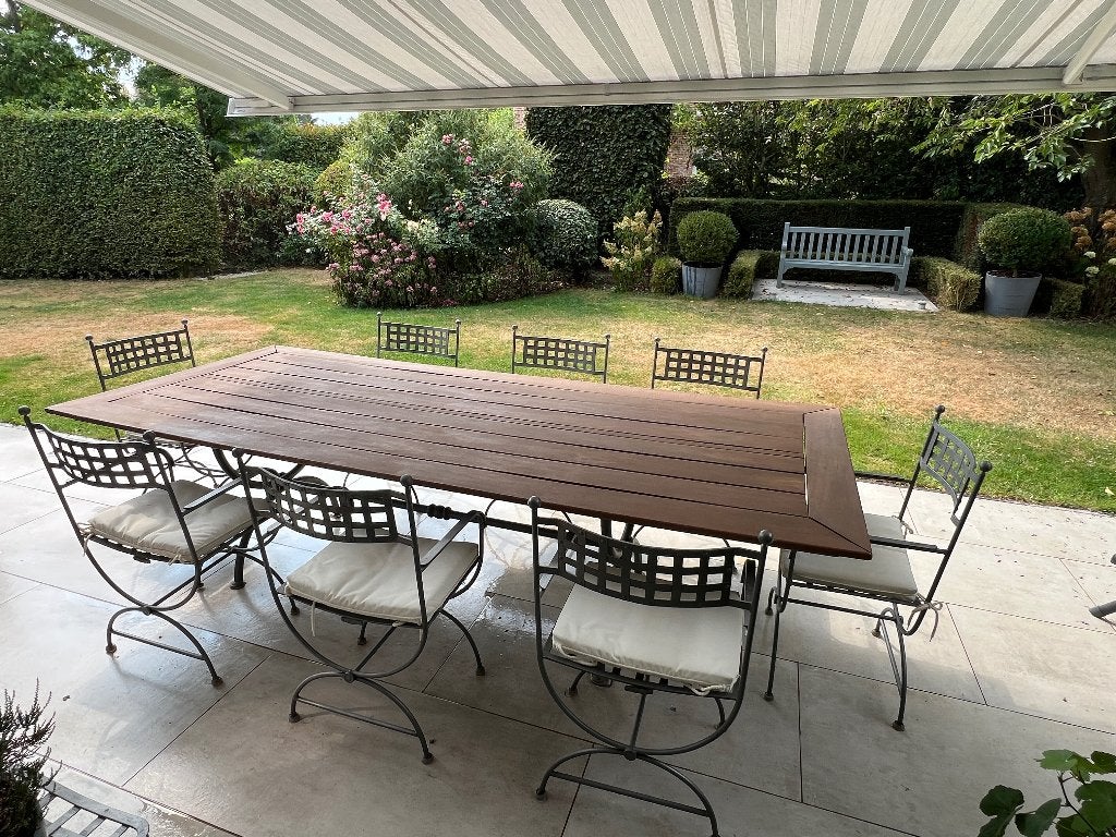 Ensemble table et chaises en fer forgé et bois 8 personnes, Jardin & Terrasse, Enlèvement, Utilisé, Rectangulaire, Métal