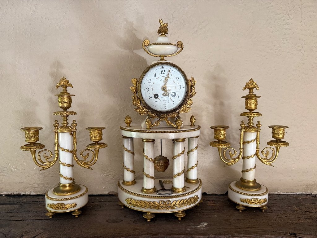 Vergulde & marmer oude klok + 2 kandelaars, Ophalen