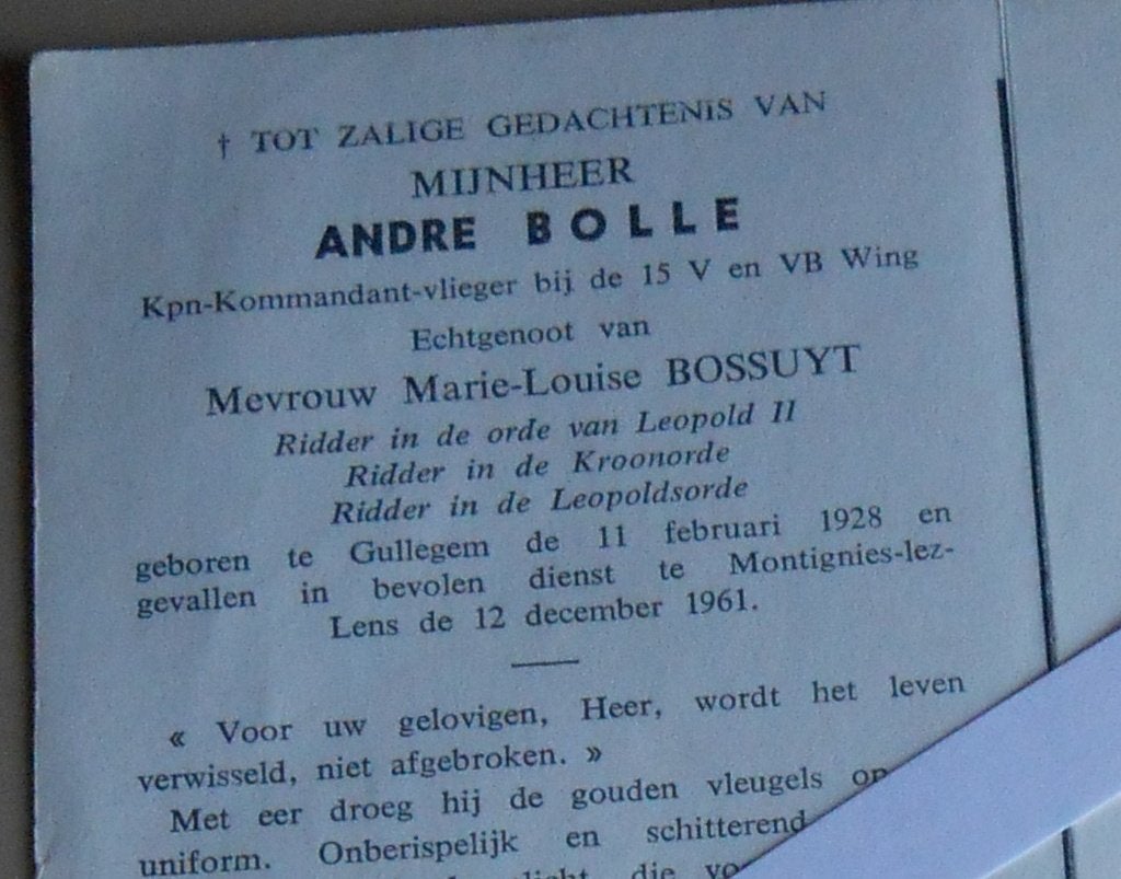 Carte de prière pilote Belge Andre BOLLE 12 decembre 1961, Collections, Enlèvement ou Envoi, Armée de l'air, Autres types