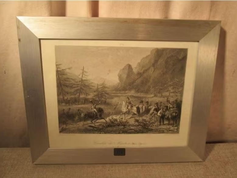 Belle gravure ancienne 'Combat de Mautern et Syrie' - 29x23, Enlèvement ou Envoi, Militaire, Gravure, Encadré