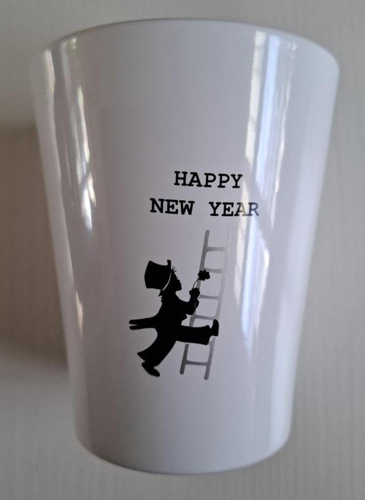 Wit bloempotje met een schoorsteenveger, Happy New Year, Gebruikt, -, -, Ophalen of Verzenden