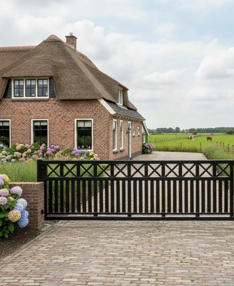 Nieuw model schuifpoort ´Woodlook´ 400x150cm zwart compleet!, Tuin en Terras, Met poort, Nieuw, IJzer, Spijlenhekwerk
