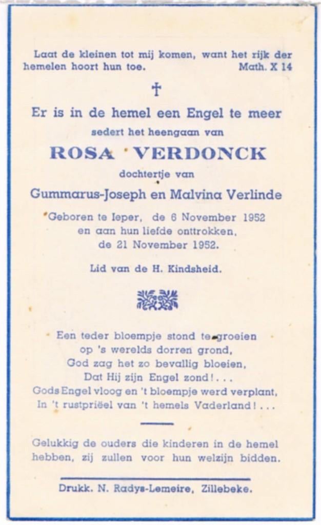 Dochtertje. Verdonck Rosa. ° Ieper 1952 † Zillebeke 1952, Ophalen of Verzenden, Bidprentje