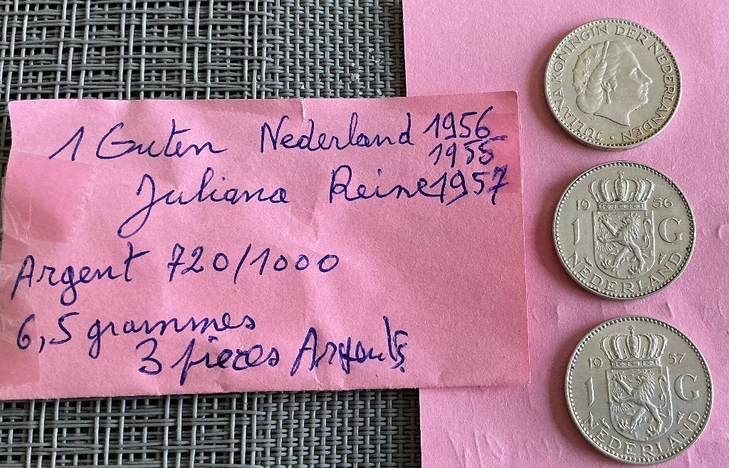 3 pièces Argent 1 G Nederland , 1955,1956,1957, Enlèvement ou Envoi, Argent