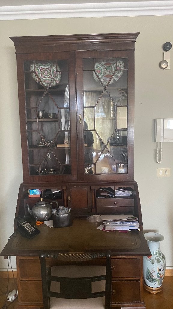 Antieke mahonie secretaire met vitrinekast, Ophalen