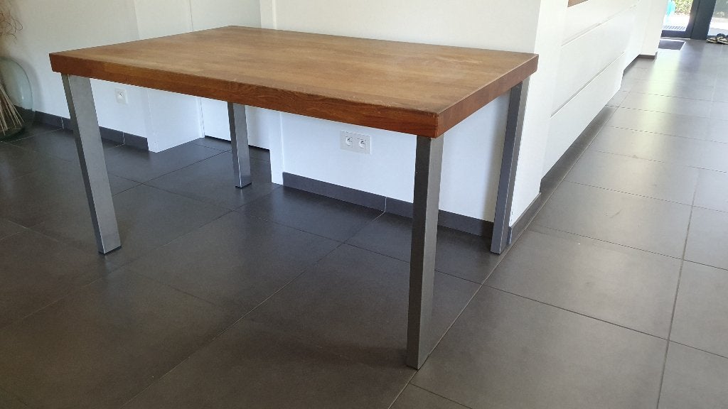 tafel teak met inox poten, Ophalen, Gebruikt, 100 tot 150 cm, Teakhout