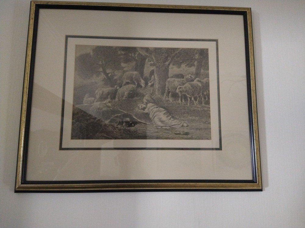 Schilderij van Charles-Émile Jacque (1813–1894), Antiek en Kunst, Ophalen, Achter glas
