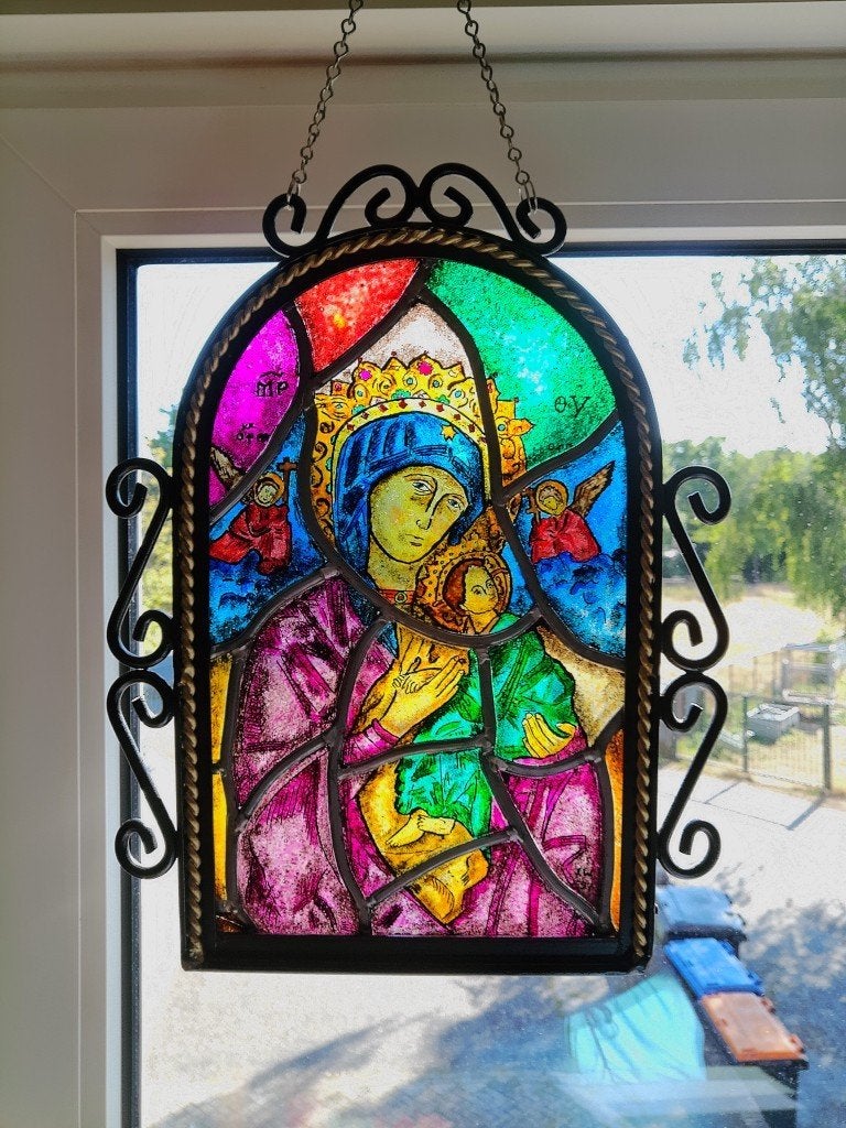 Antiek glas in lood Heilige Maria in lijst neogotische stijl, Ophalen of Verzenden