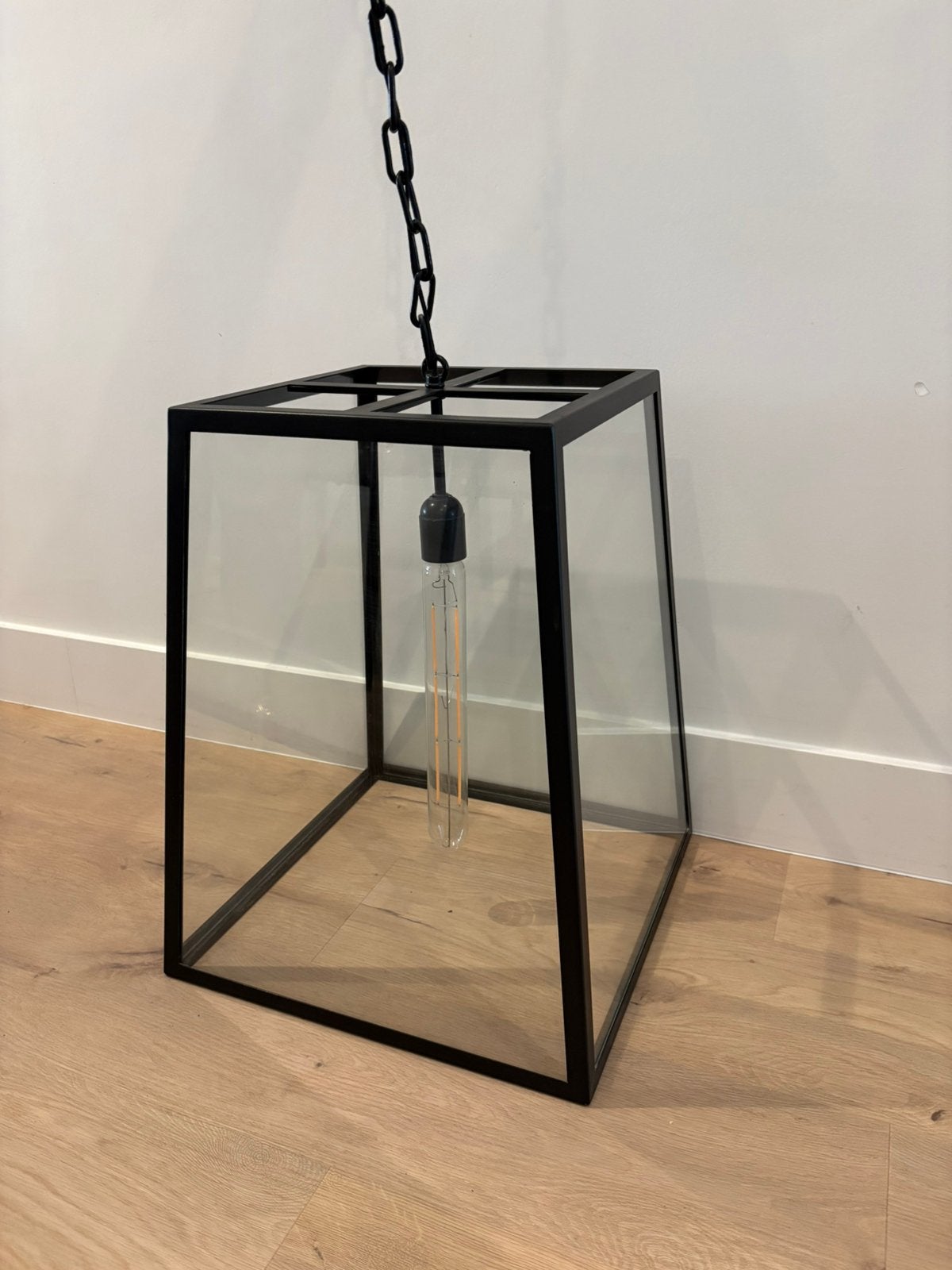 Moderne Zwarte Hanglamp met Glas en Edison Lamp, Ophalen, Glas
