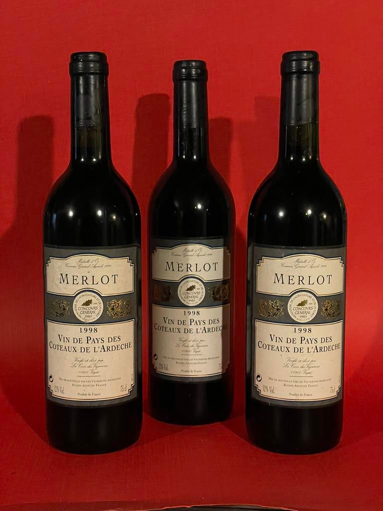 3x Merlot 1998 Ardèche — Vin français millésimé, Collections, Enlèvement ou Envoi, Comme neuf, France