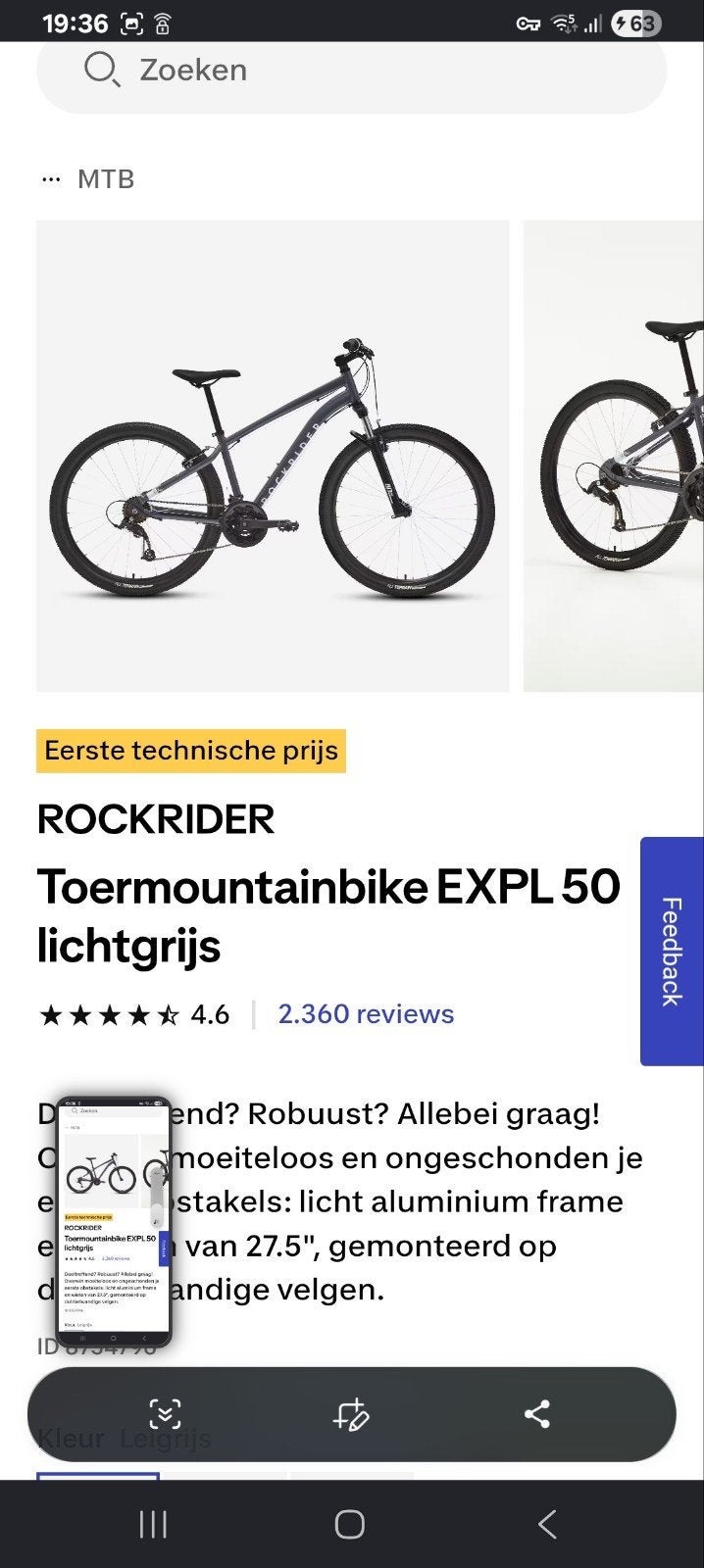 zo goed als nieuwe rockrider mountainbike large grijs, Fietsen en Brommers, Fietsen | Mountainbikes en ATB, Ophalen, Zo goed als nieuw