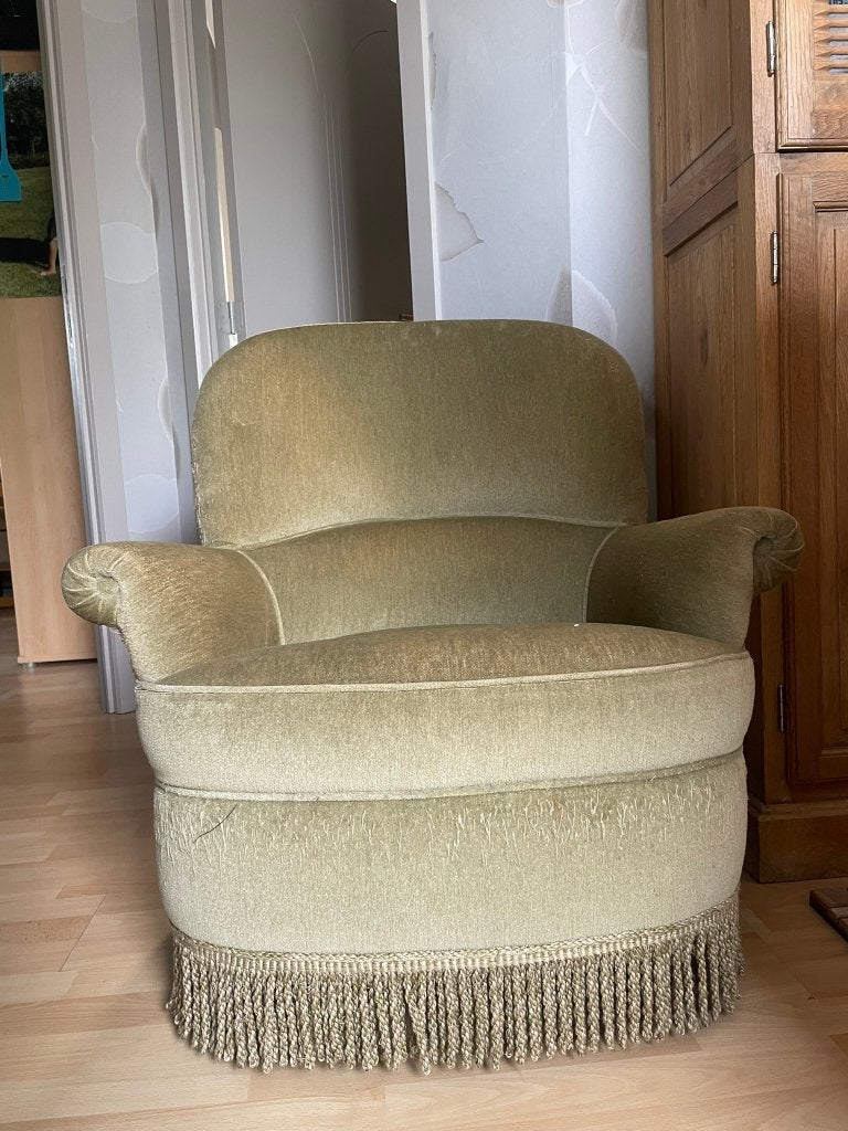 Vintage toad fauteuil, groen fluweel, Ophalen, Gebruikt, Vintage, 75 tot 100 cm