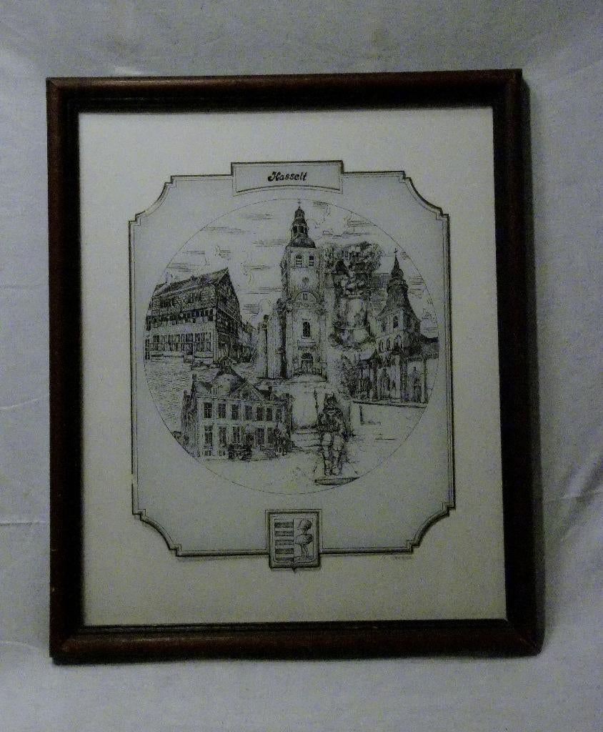 Kader met pentekening Hasselt, Antiek en Kunst, Kunst | Schilderijen | Klassiek, Ophalen of Verzenden