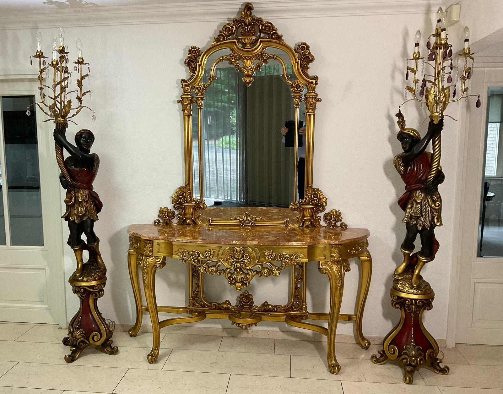 Gesigneerd beeld set Venetian Blackamoor lampen 2.25m marmer, Antiek en Kunst, Ophalen