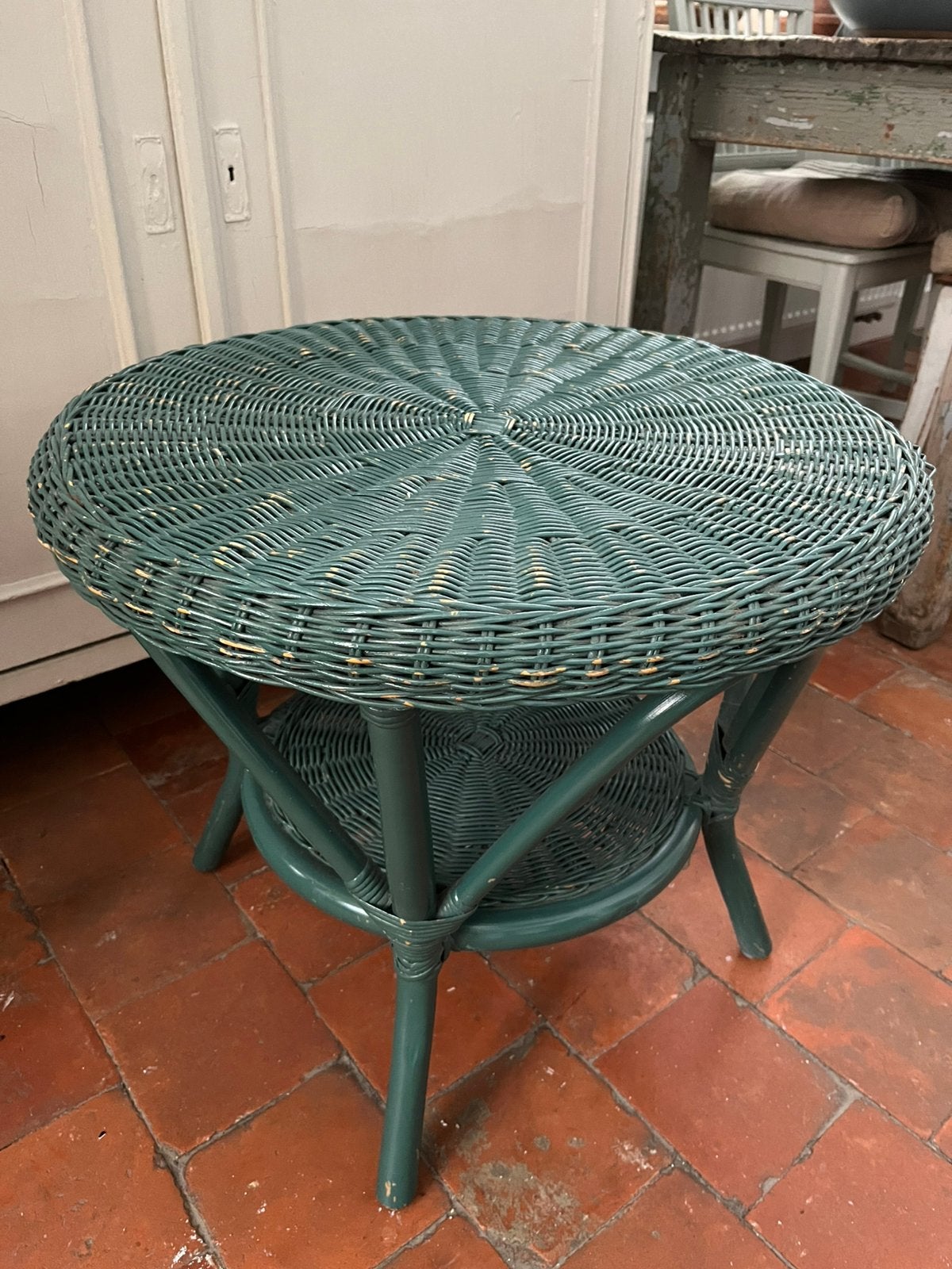 VINTAGE TAFEL RONDE ROTAN TAFEL GRIEN TUINKAMER, Antiek en Kunst, Ophalen