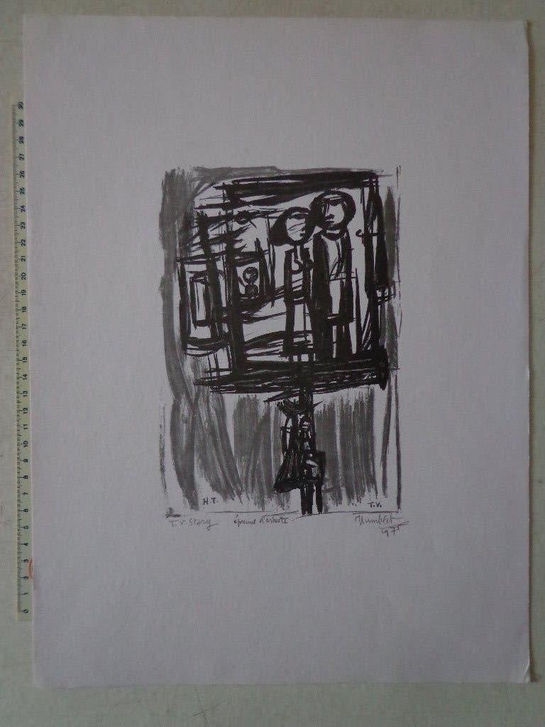 litho van Theo Humblet uit 1975 "T.V. Story", Antiek en Kunst, Kunst | Litho's en Zeefdrukken, Lithografie, Gesigneerd, Portret en Figuren