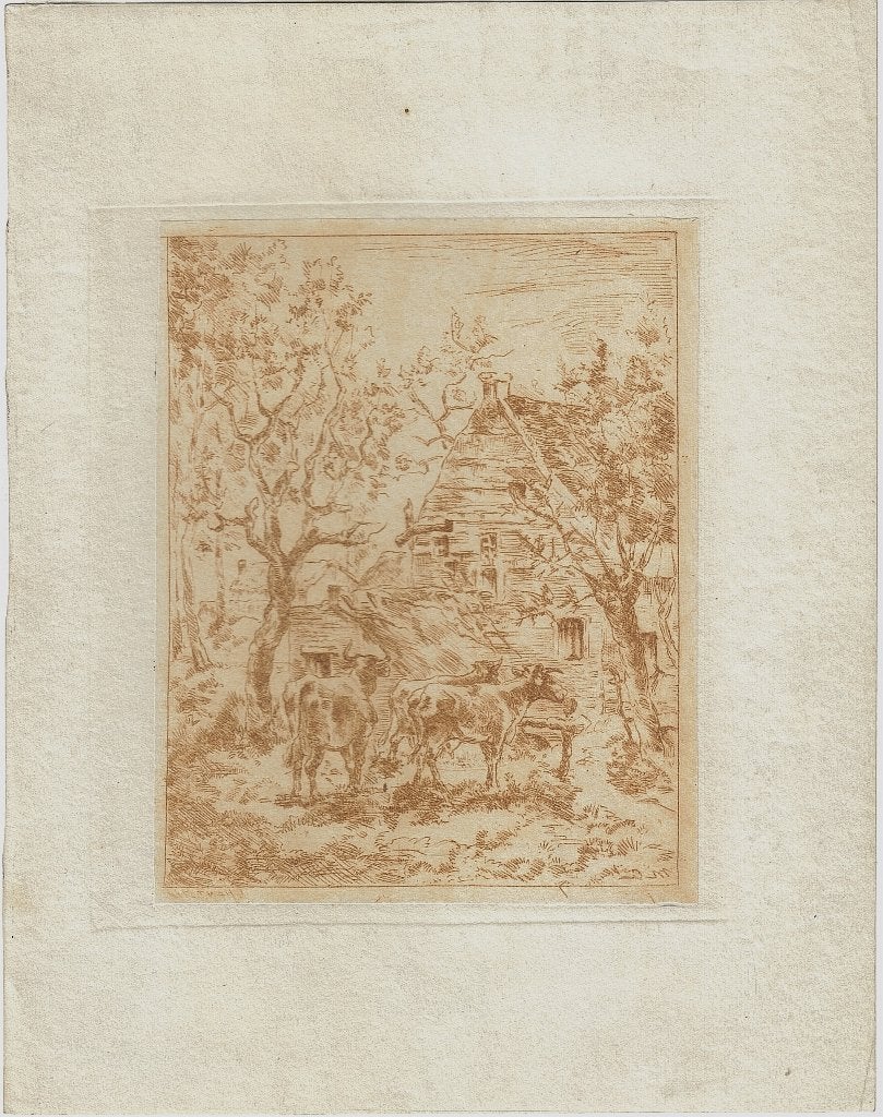 L. Henrotin naar Marie Collart ets "3 Koeien bij Boerderij", Antiek en Kunst, Ophalen, 1800 - 1899, Ets, Origineel