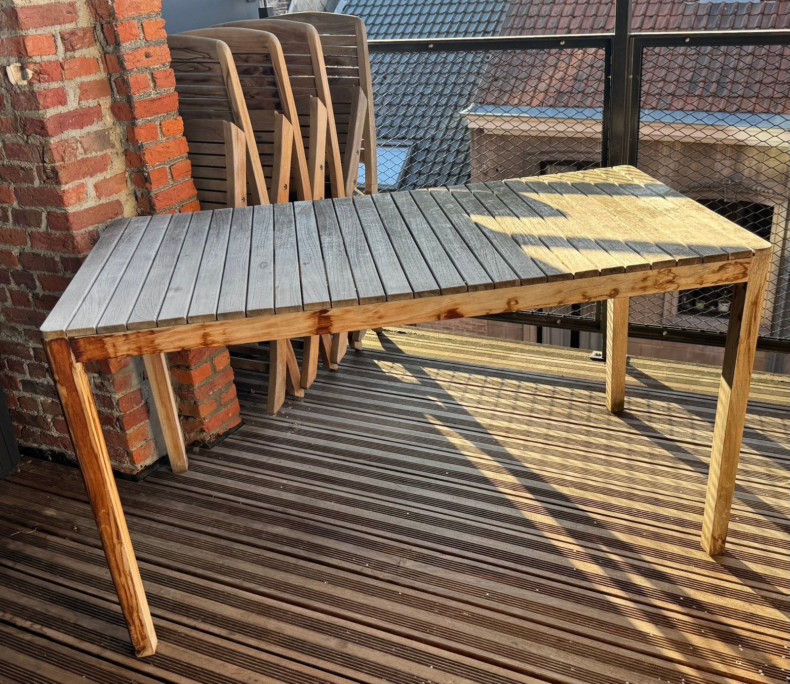 Teakhouten tuintafel (80x140cm) + 4 opvouwbare stoelen, Tuin en Terras, Ophalen, 4 zitplaatsen, Gebruikt, Teakhout