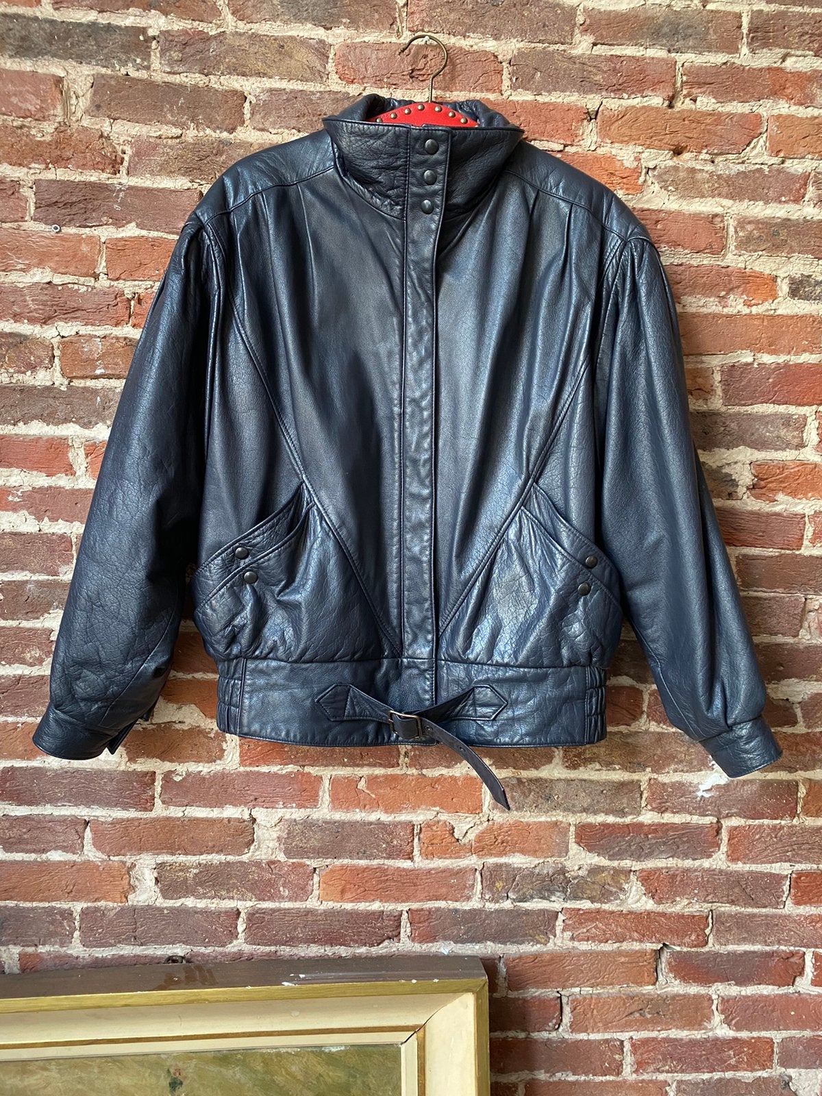 Veste cuir ceinture et epaulettes bleu vintage, Enlèvement ou Envoi, Comme neuf, Bleu