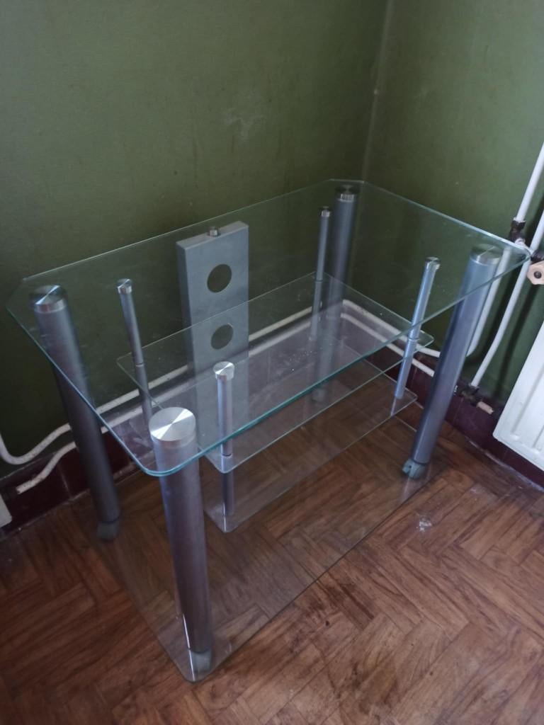 Glazen TV meubel op wieltjes, Huis en Inrichting, Kasten |Televisiemeubels, Ophalen, Gebruikt, 50 tot 100 cm, Glas