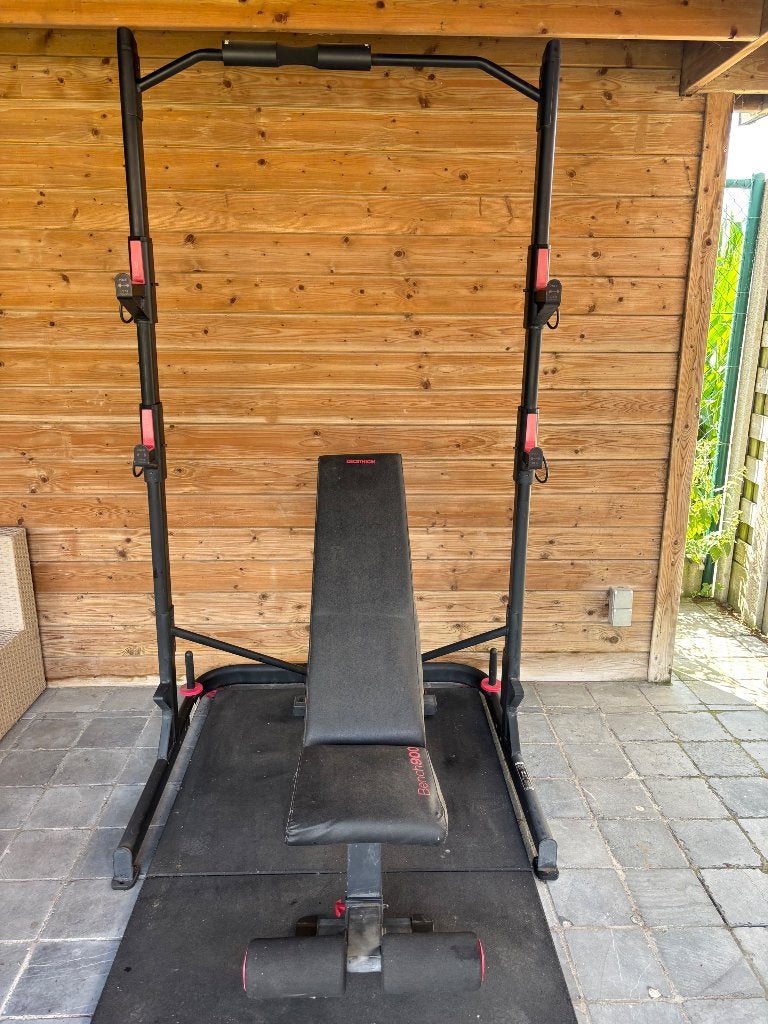 Squatrack, bench en halterschijven, Sport en Fitness, Ophalen, Gebruikt, Fitnessbank