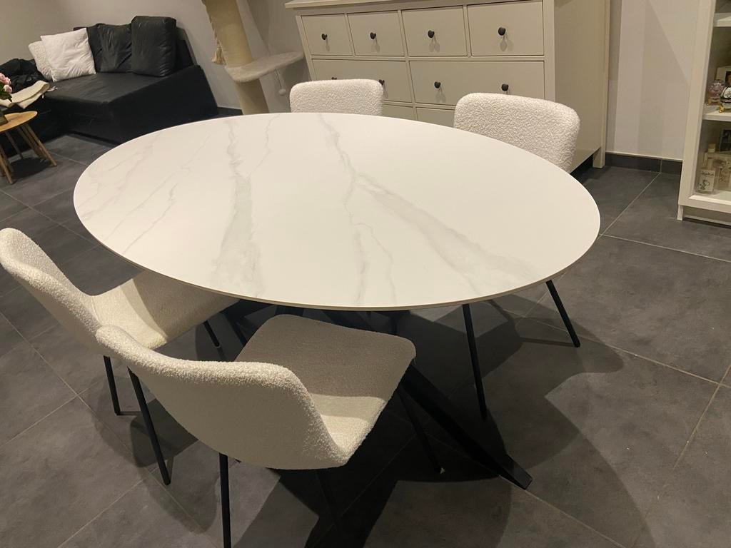 Eettafel ovaal marmerlook 180cm + 4 teddy stoelen wit, Huis en Inrichting, Tafels | Eettafels, Ophalen, Zo goed als nieuw