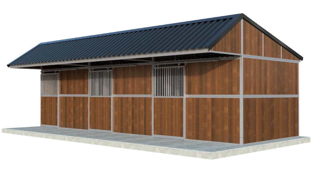 Buitenstal met 3 paardenboxen met schuifdeuren, Dieren en Toebehoren, Weidegang, 4 paarden of pony's of meer