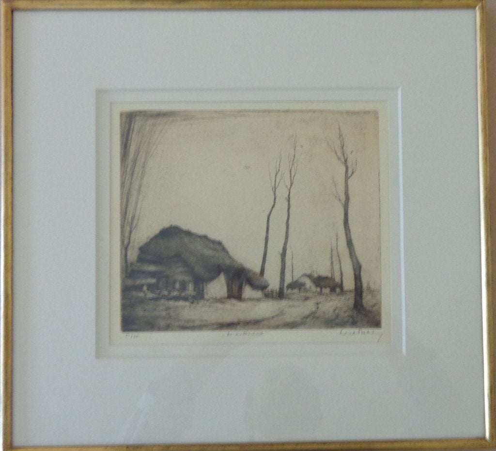 DIRK BAKSTEEN / DE ACHTERHOEK / ZW-W ETS / 43x46cm / KADER, Ophalen of Verzenden, Ets, Gesigneerd