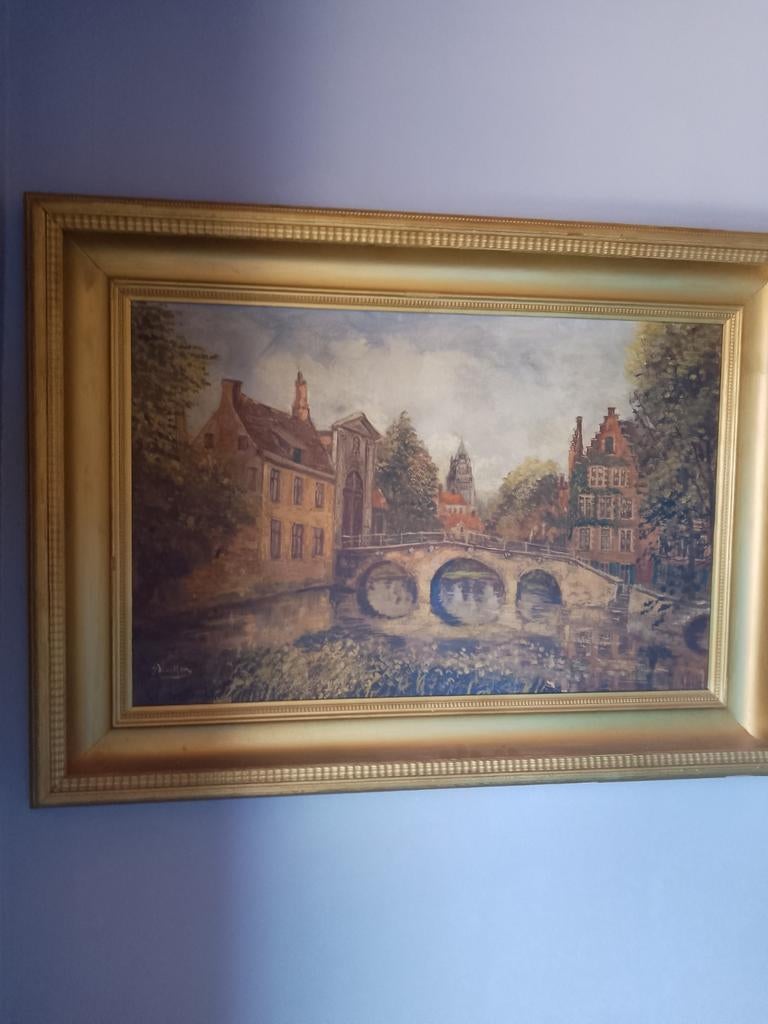 Schilderij brugge getekend, Antiek en Kunst, Ophalen