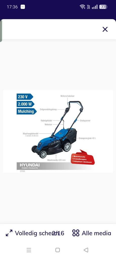 Nieuwe elektrische grasmaaier 2000watt, Jardin & Terrasse, Tondeuse rotative, Fonction de mulching, 40 à 49 cm, Enlèvement