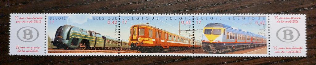 België: 75 jaar NMBS, strook van 3 met 2 vignetten, 2993_95, Postzegels en Munten, Orginele gom, Ophalen of Verzenden, Zonder stempel