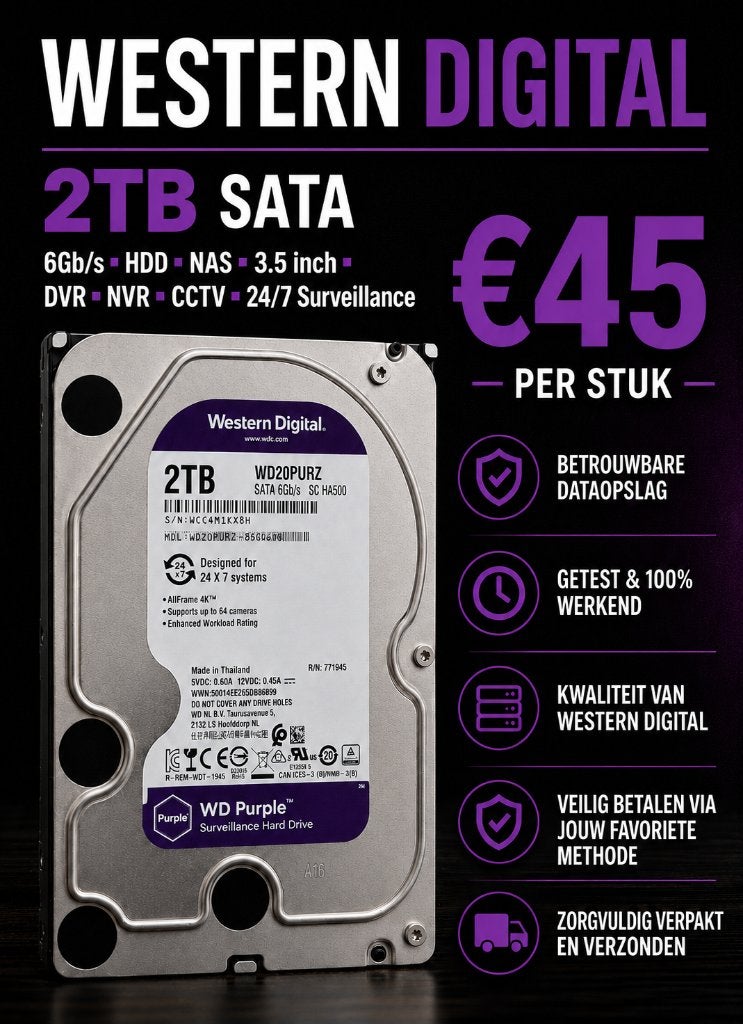 2TB - WD Purple (WD20PURZ) - SATA Surveillance HDD, Computers en Software, Harde schijven, Gebruikt, Desktop, Intern, HDD, SATA