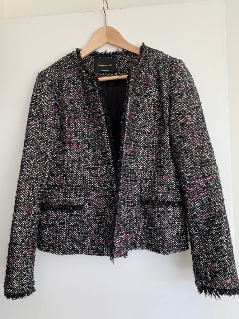 Massimo Dutti zwart/grijs tweedjack — Chanel-stijl — T.40, Ophalen of Verzenden, Zo goed als nieuw, Maat 38/40 (M), Zwart